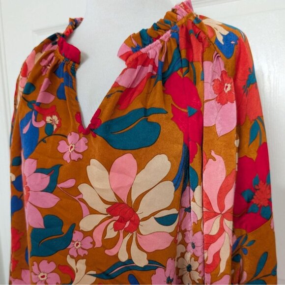 Entro Floral Vibrant Blooms Shirt Womens Size Large Orange Oversized Blouse - Picture 2 of 10